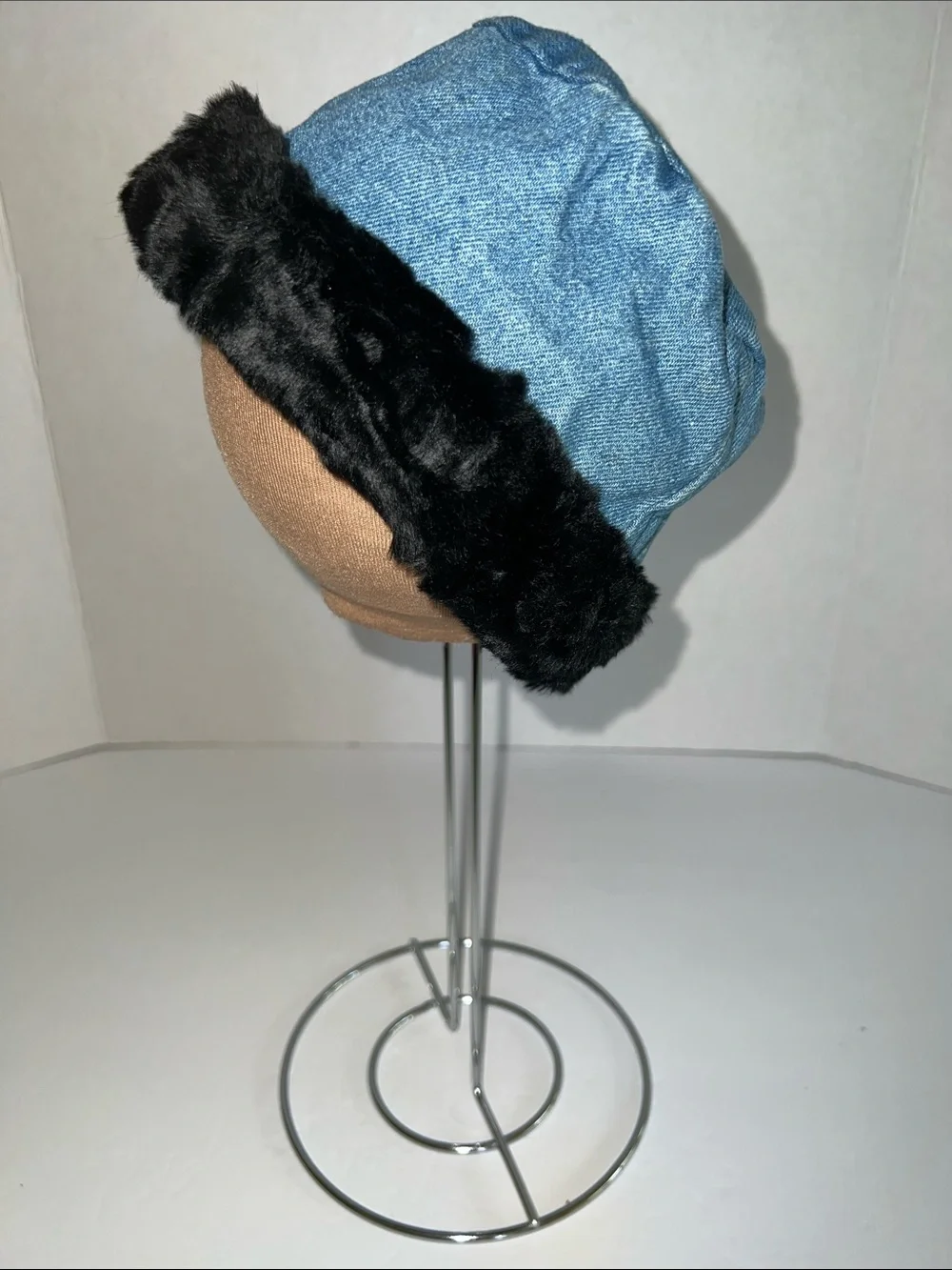 BLOOZ Vintage Blue Denim and Black Faux Fur Trim Bucket Hat